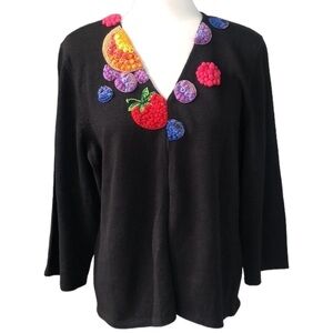 Emma Tricot Vintage Embroidered Beaded Fruit Black Cardigan Sweater XL NWT